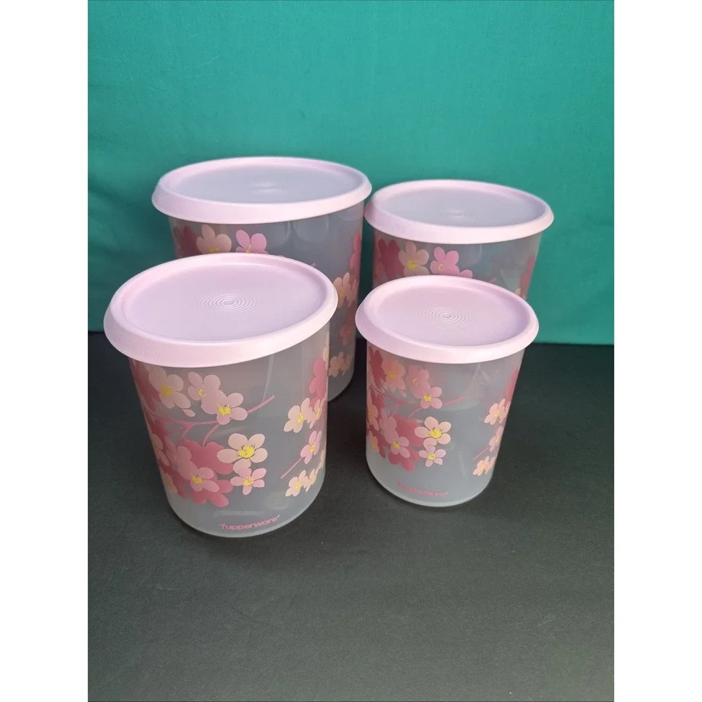 Tupperware One Touch Canister Set 4 Pink Flower Clear Blossom Flowers Floral